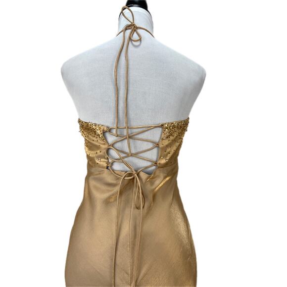 Y2K Niki Livas Gold Sequins Beaded Halter Prom Dress - Women's Size 8 - Picture 4 of 8